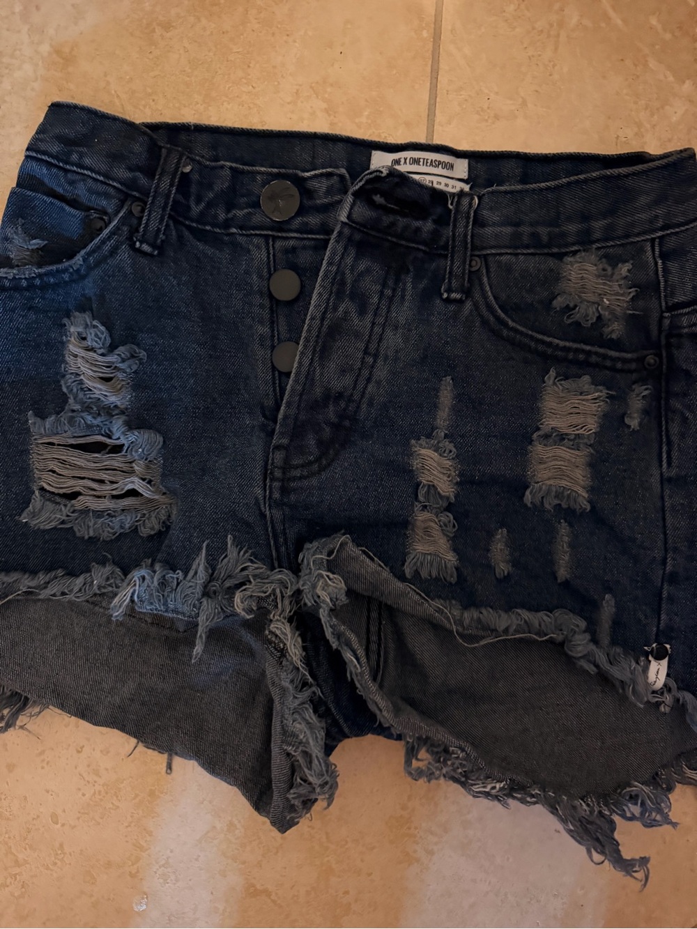 One Teaspoon Black Distressed Frayed Hem Denim Shorts